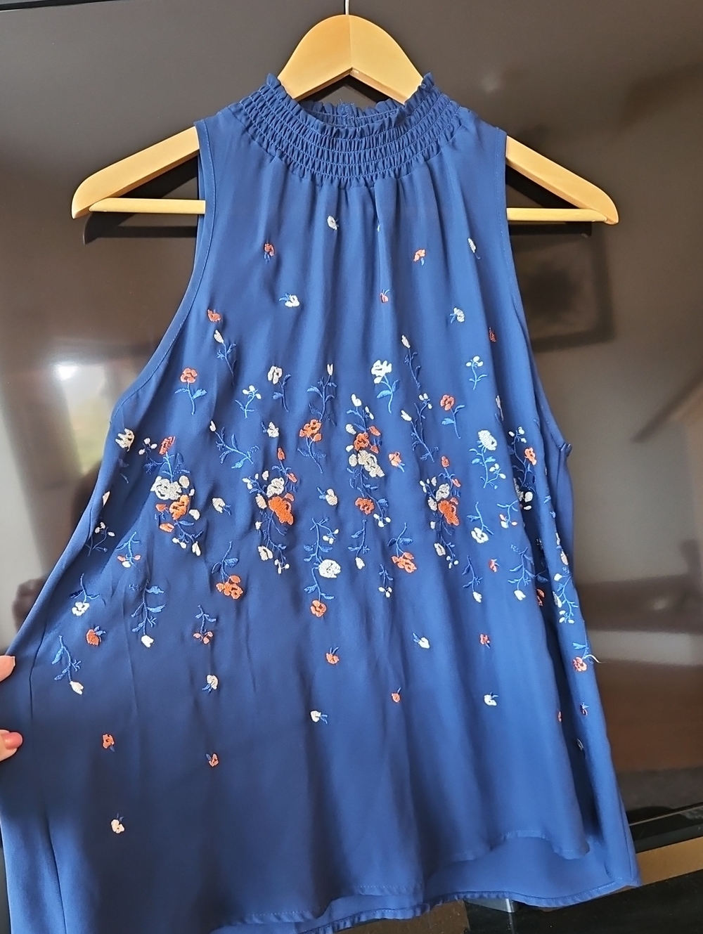 Navy Floral Sleeveless Smocked Neck Top